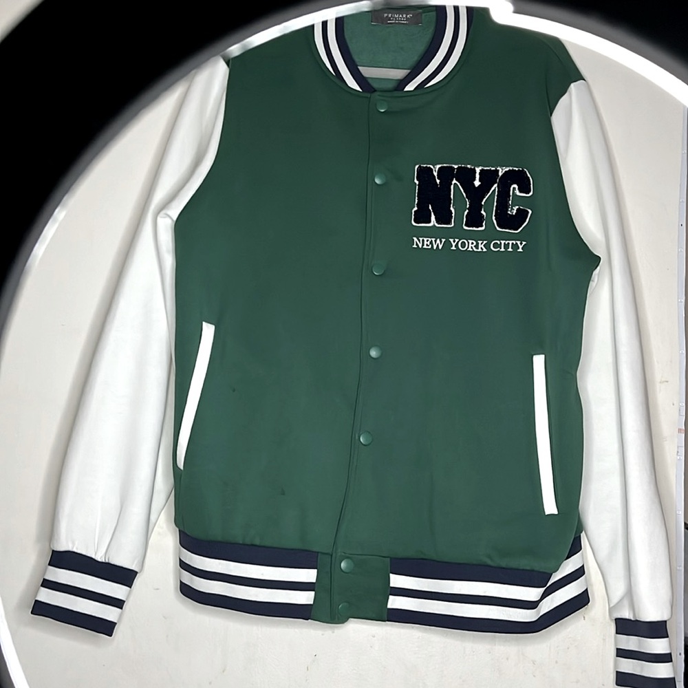 Green blue white varsity New York city jacket